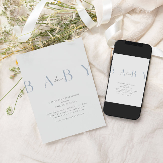 Ultra-modern Minimal Dusty Blue Baby Shower Invitation