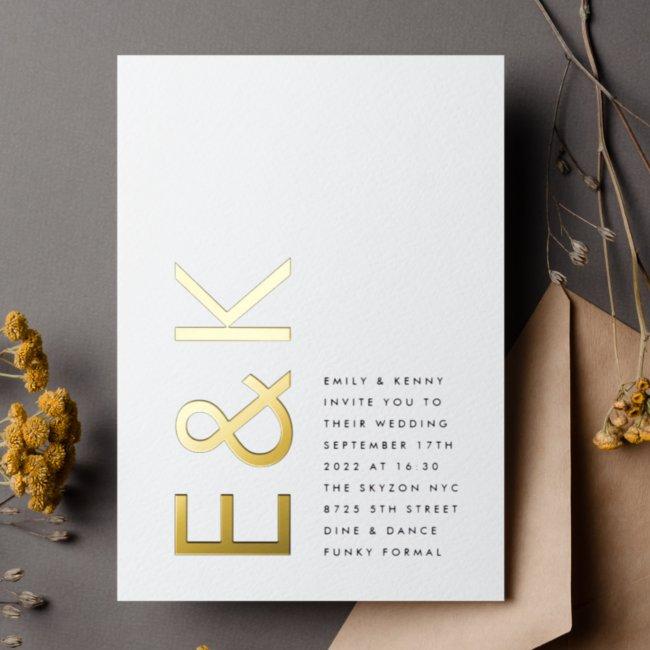 Ultra Modern Monogram Simple Wedding Real Gold Foil Invitation