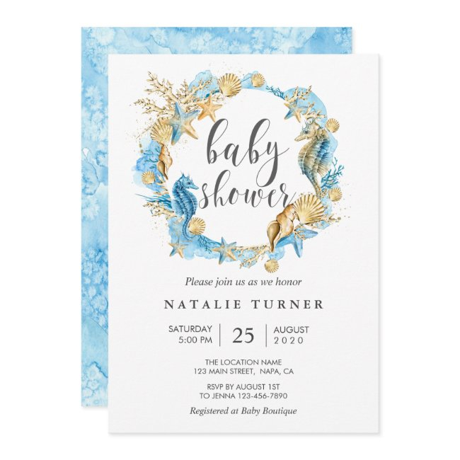Under The Sea Blue And Gold Baby Shower Invitation