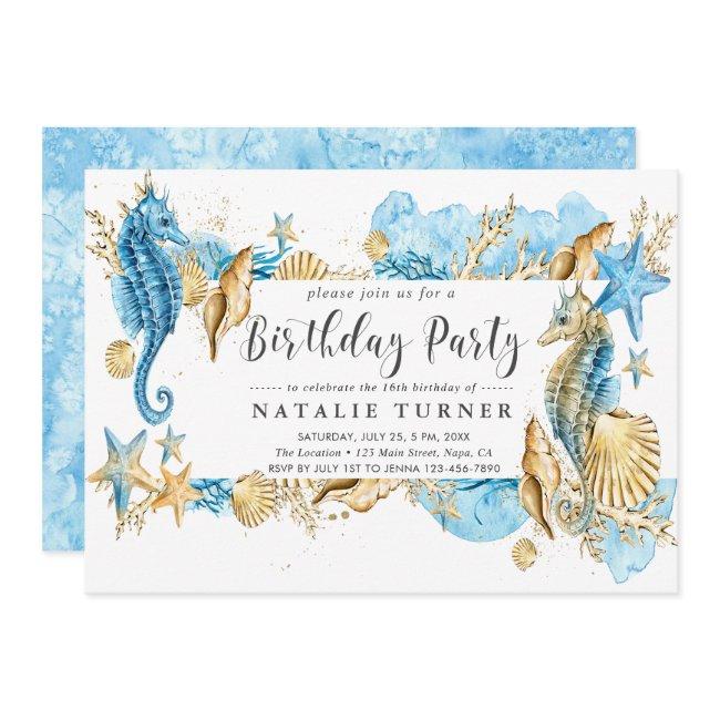 Under The Sea Blue Gold Birthday Party Invitation
