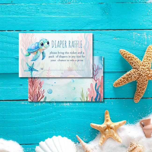 Under The Sea Cute Turtle Aqua Blue Diaper Raffle Enclosure Invitations