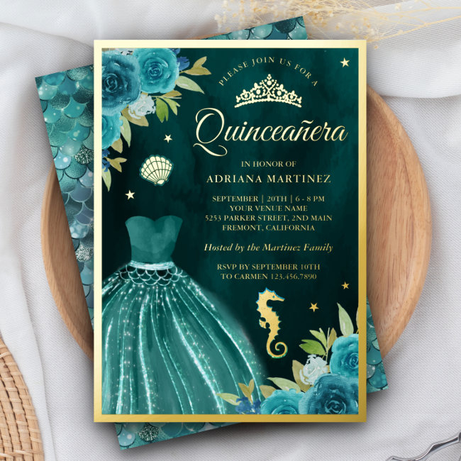 Under The Sea Dark Teal Mermaid Quinceanera Gold Foil Invitation