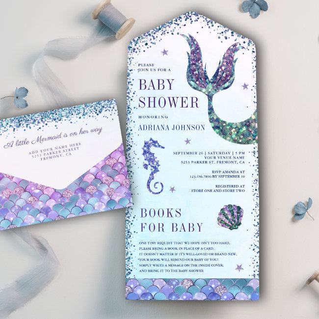 Under The Sea Purple Mermaid Baby Shower All In One Invitation