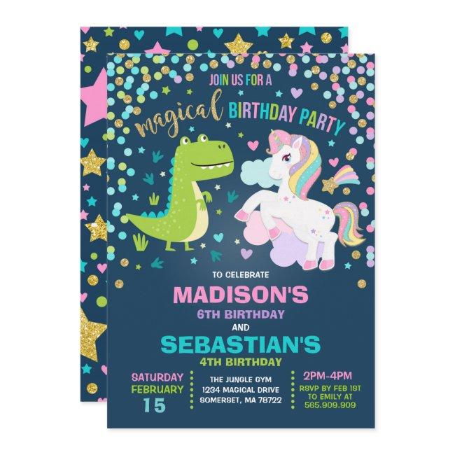 Unicorn And Dinosaur Birthday Invitation Siblings