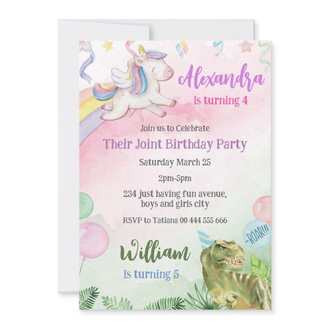 Unicorn And Dinosaur Joint Sibling Birthday Party Invitation