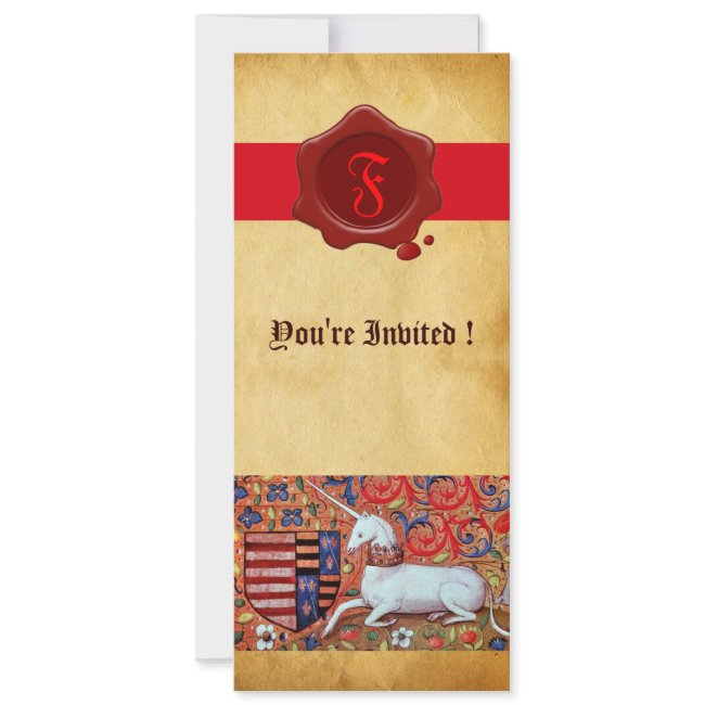 Unicorn Floral Parchment Red Wax Seal Monogram Invitation