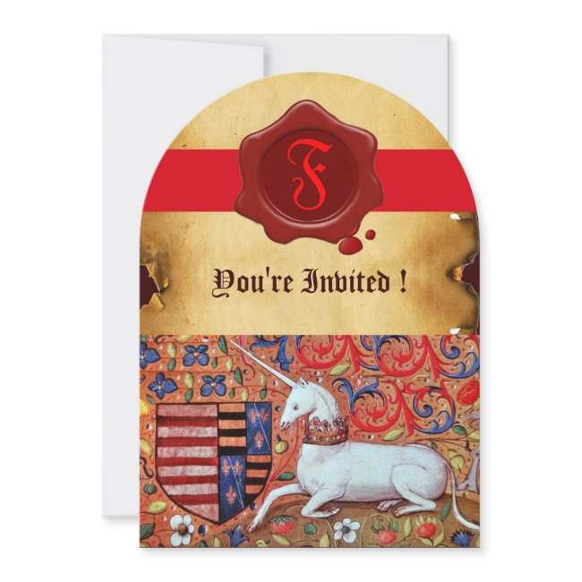 Unicorn Floral Parchment Red Wax Seal Monogram Invitation