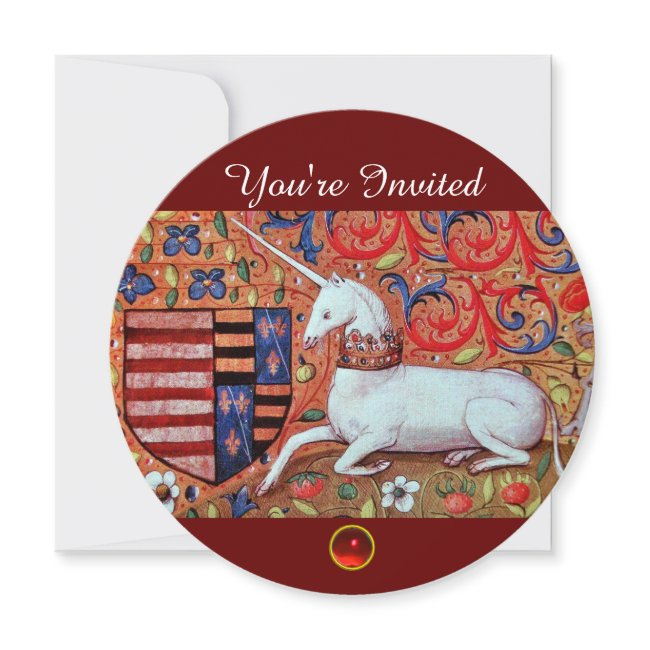 Unicorn Medieval Fantasy Flowers,red White Floral Invitation
