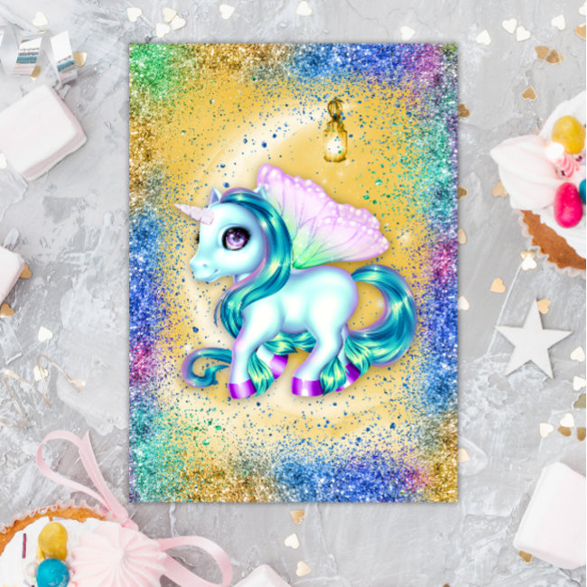 Unicorn On Moon Yellow Birthday Invitations