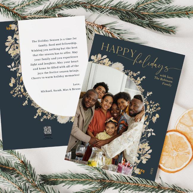 Unique Blue Gold Floral Wreath Family Photo Holiday Invitations