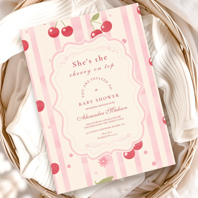 Unique Coquette Cherry On Top Baby Shower Invitation