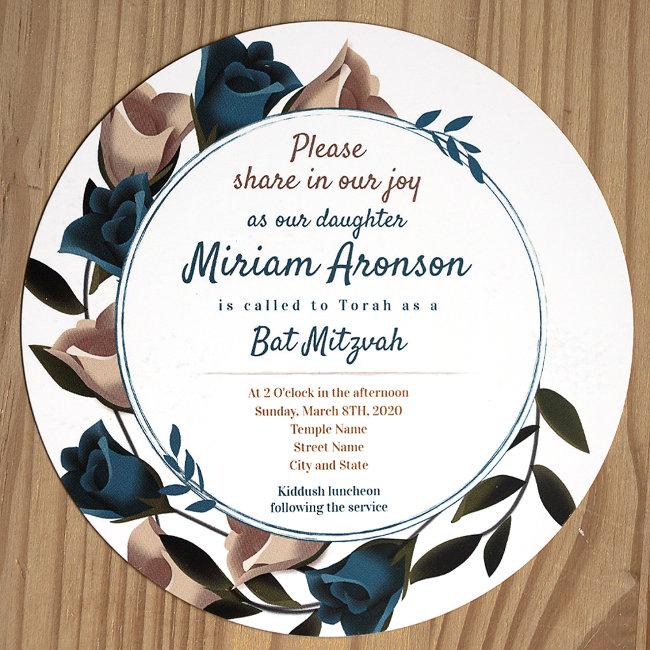 Unique Teal Beige Roses Bat Mitzvah Invitation