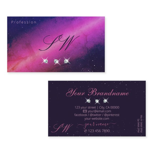 Universe Pink Dark Blue Sparkling Jewels Initials Business Invitations