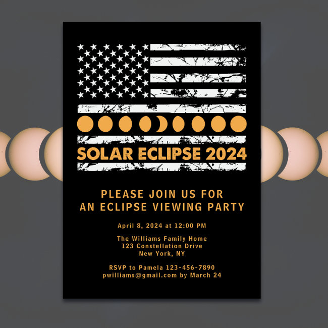 Usa Flag Total Solar Eclipse 4/8/24 Viewing Party Invitation