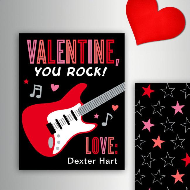 Valentine You Rock Red Guitar Kids Valentine's Day Note Invitations