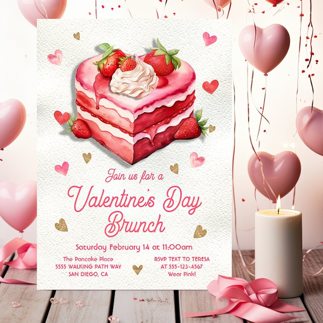 Valentine's Day Strawberry Cake Heart Brunch Invitation