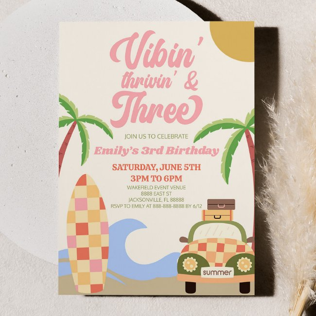 Vibes' Thrivin' & Three Surf 3rd Birthday Party Invitation