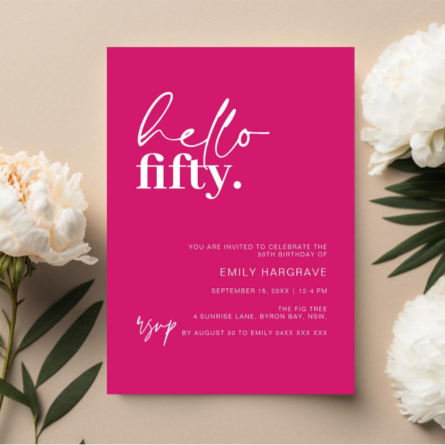 Vibrant Hot Pink Hello Fifty 50th Birthday Party Invitation