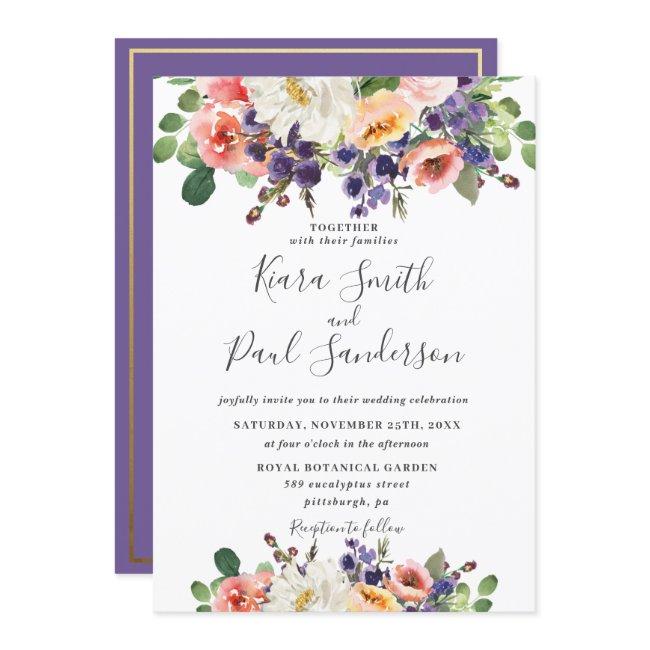 Vibrant Purple Orange Peach Blush Floral Wedding Invitation