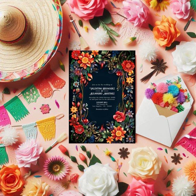 Vibrant Watercolor Floral Fiesta Wedding Invitation