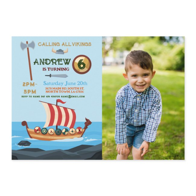 Vikings Birthday Boat Warrior Ax Photos Invitation