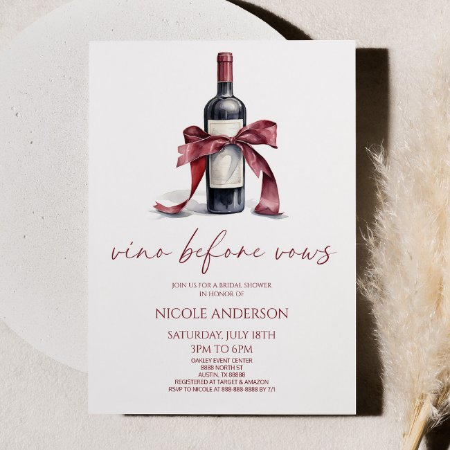 Vino Before Vows Red Wine Bottle Bow Bridal Shower Invitation