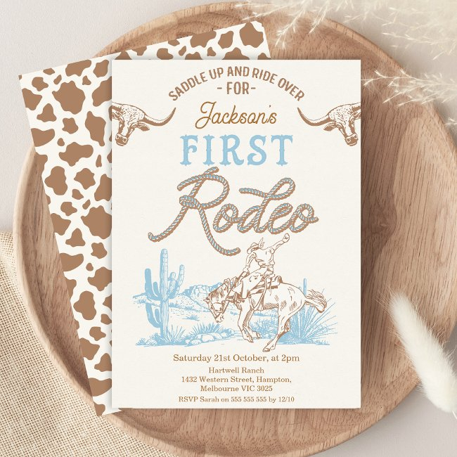 Vintage Blue Brown Cowboy First Rodeo 1st Birthday Invitation