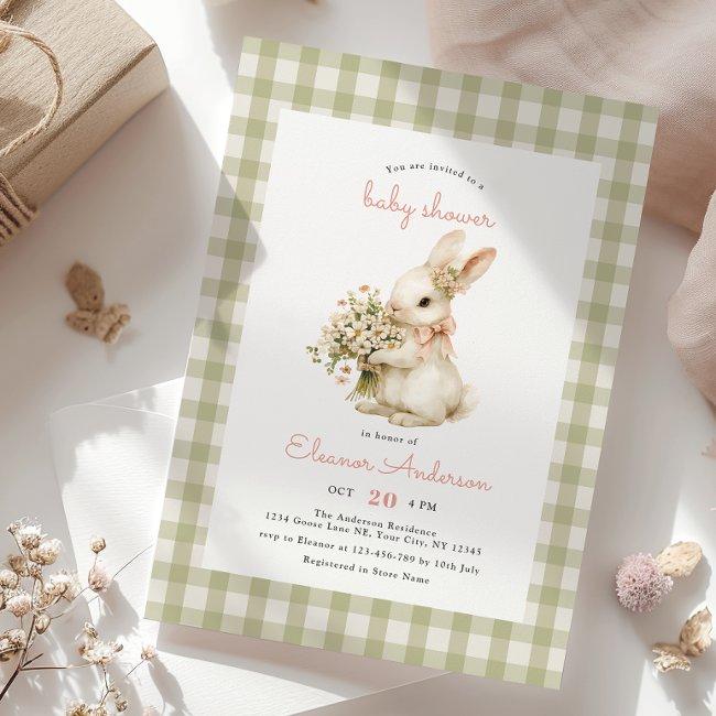 Vintage Bunny Gingham Baby Shower Invitation