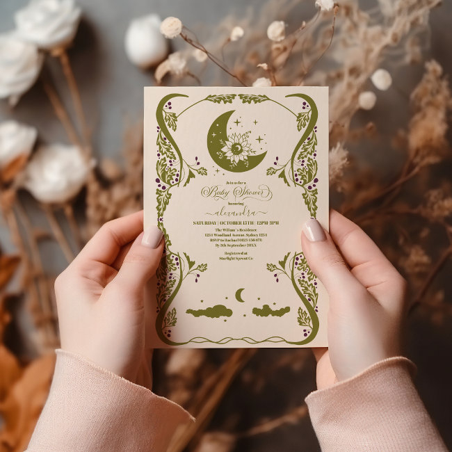 Vintage Celestial Botanical Baby Shower Invitation