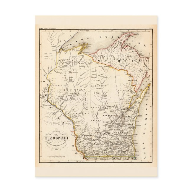 Vintage Map Of Wisconsin 1852 Postinvitations