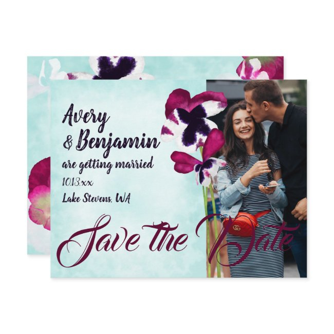 Violet Pink Aqua Turquoise Pansies Save The Date Advice Card