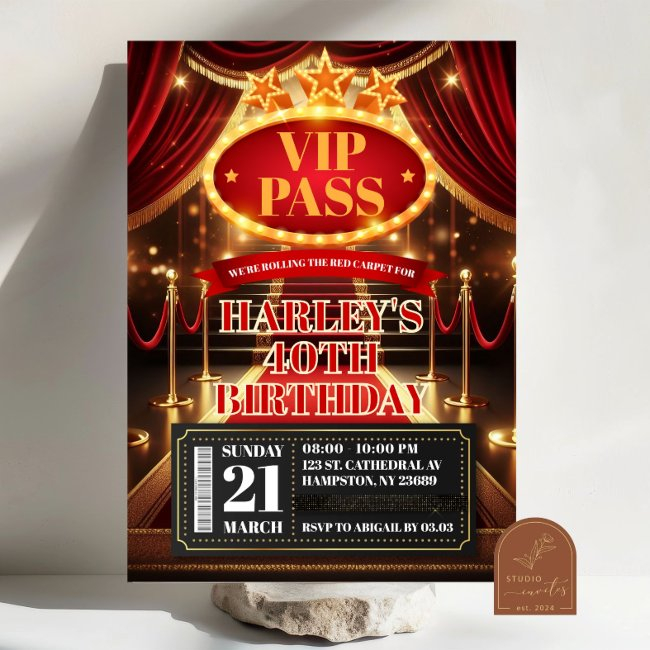 Vip Pass Glamour Premiere Hollywood Adult Birthday Invitation
