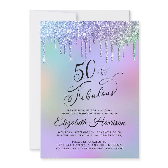 Virtual 50th Birthday Party Rainbow Glitter Invitation