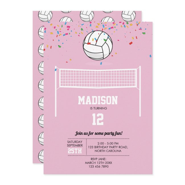 Volleyball Ball & Net Pink Girl Birthday Party Invitation