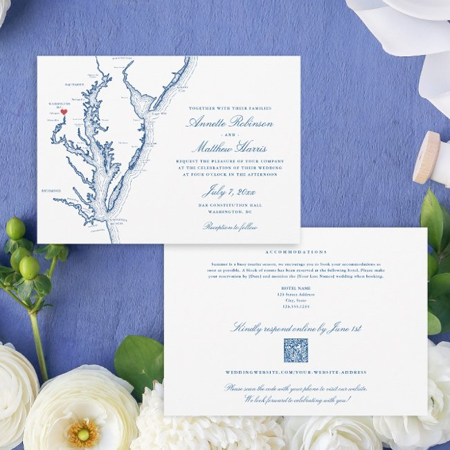 Washington Dc All-in-one Qr Code Rsvp Blue Wedding Invitation