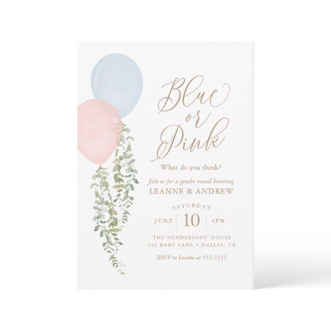 Watercolor Balloons Eucalyptus Gender Reveal Invitation