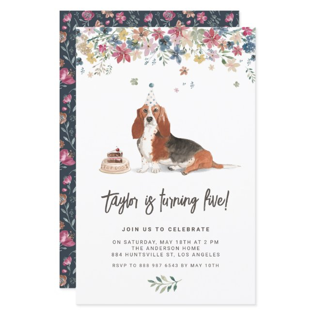 Watercolor Basset Hound Dog Birthday Invitation