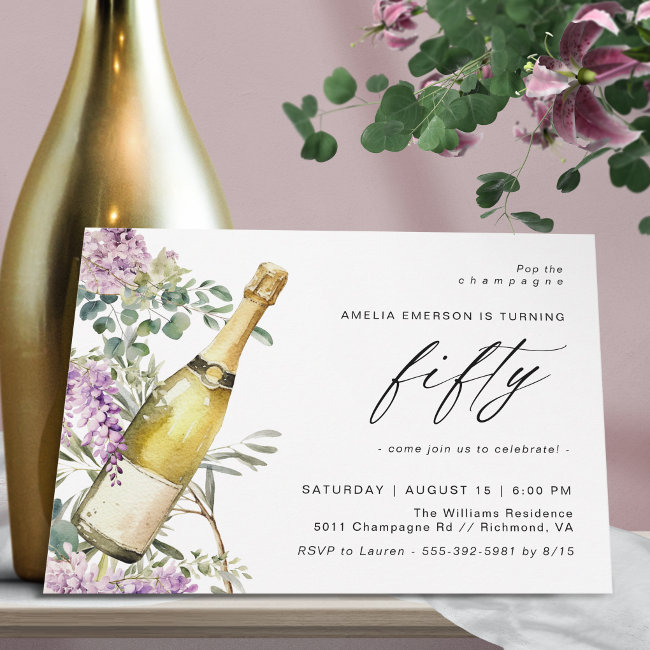Watercolor Champagne Elegant Women's 50th Birthday Invitation