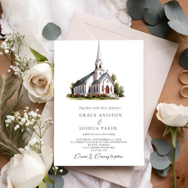 Watercolor Church Venue Illustration Wedding Invitation