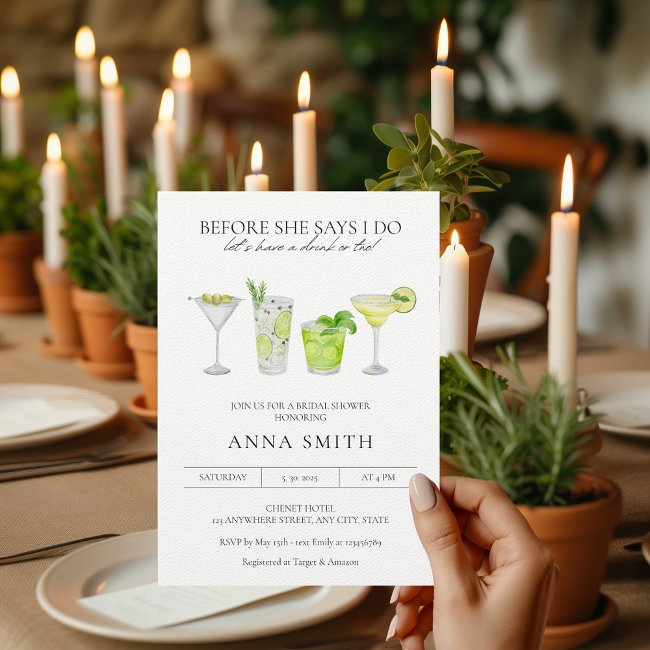 Watercolor Cocktail Party Margarita Bridal Shower Invitation