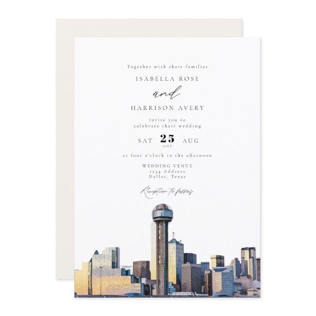 Watercolor Dallas Texas Skyline Wedding Invitation