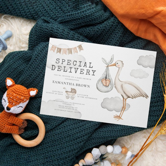 Watercolor Elegant Stork Baby Shower Invitation