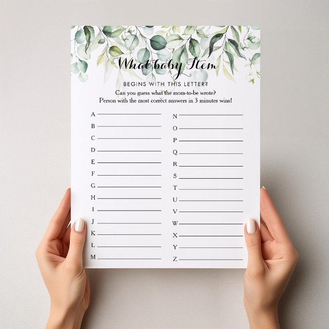 Watercolor Eucalyptus Green Abc Baby Shower Game
