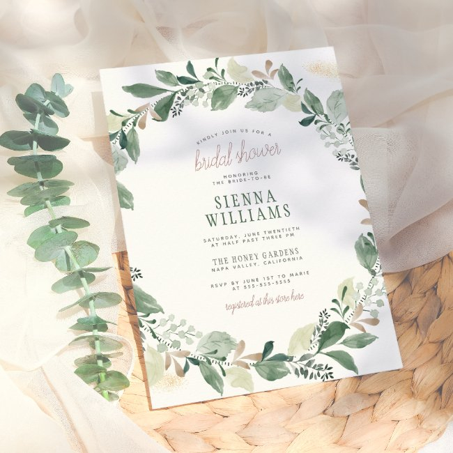 Watercolor Eucalyptus Leaves Wreath Bridal Shower Invitation