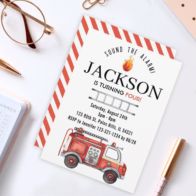 Watercolor Firetruck Birthday Invitation For Boy