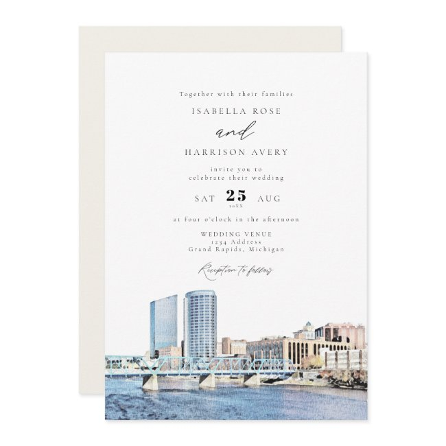 Watercolor Grand Rapids Michigan Skyline Wedding Invitation