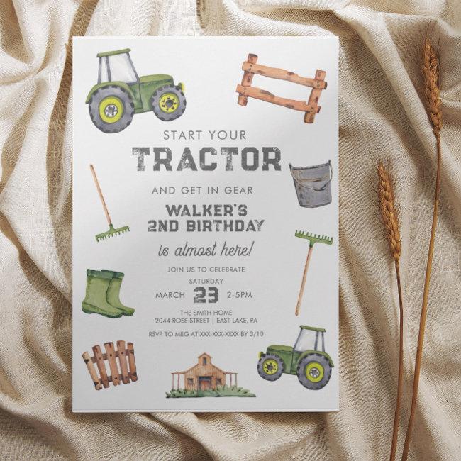 Watercolor Green Tractor 2nd Birthday Invitation