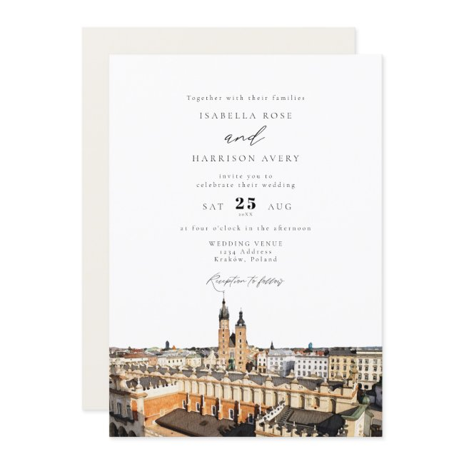 Watercolor Kraków Skyline Buildings Wedding Invitation