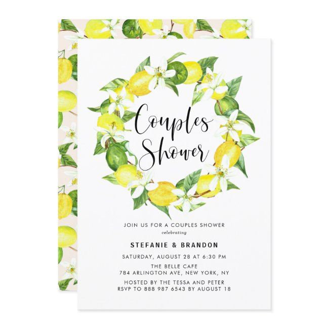 Watercolor Lemon Blossom Wreath Couples Shower Invitation