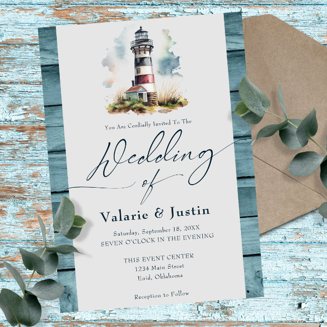 Watercolor Lighthouse Wedding Invitation